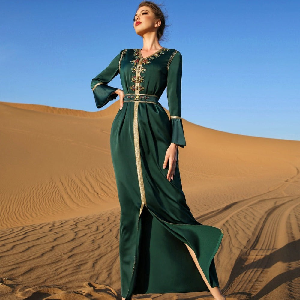 caftan - marocain - vert - pour - femmes - modest - fashion - manches - longues - perles