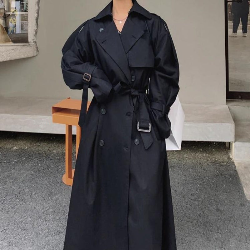 trench - coat - noir - long - femme - veste - manteau - modest - fashion