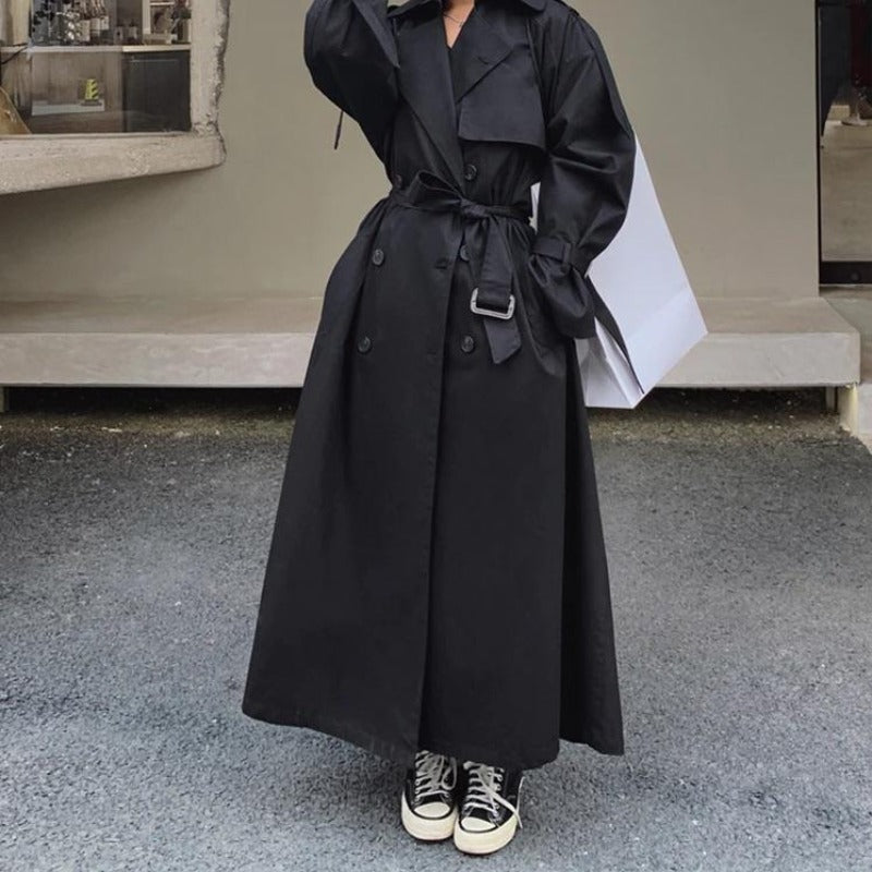 trench - coat - noir - long - femme - veste - manteau - modest - fashion